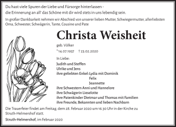 Traueranzeige von Christa Weisheit von Südthüringer Presse