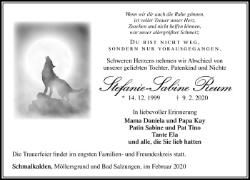Traueranzeige von Stefanie-Sabine Reum von Südthüringer Presse