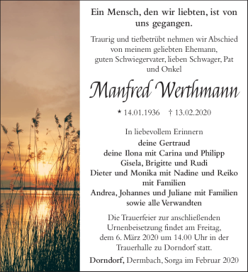 Traueranzeige von Manfred Werthmann von Südthüringer Presse