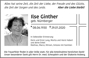 Traueranzeige von Ilse Ginther von Frankenpost