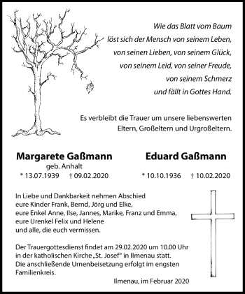 Traueranzeige von MargareteEduard GaßmannGaßmann von Südthüringer Presse