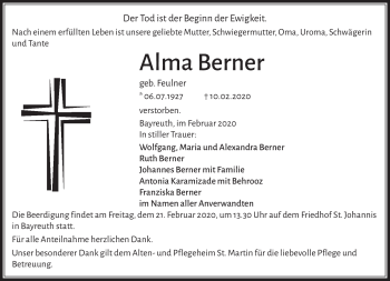 Traueranzeige von Alma Berner von Frankenpost