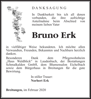 Traueranzeige von Bruno Erk von Südthüringer Presse