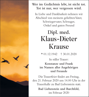 Traueranzeige von Klaus-Dieter Krause von Südthüringer Presse