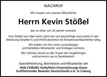Traueranzeige von Kevin Stößel von Neue Presse Coburg