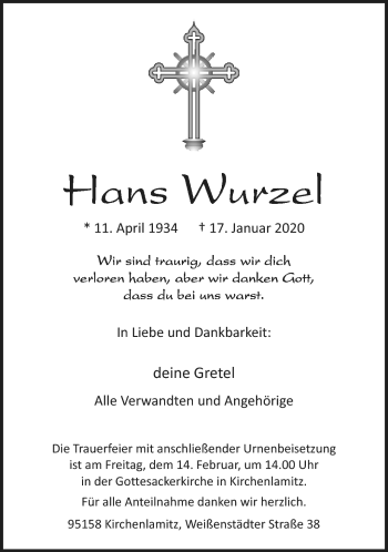 Traueranzeige von Hans Wurzel von Frankenpost