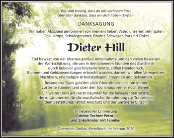 Traueranzeige von Dieter Hill von Südthüringer Presse