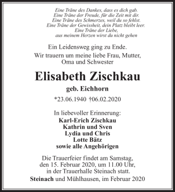 Traueranzeige von Elisabeth Zischkau von Südthüringer Presse