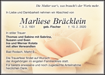 Traueranzeige von Marliese Bräcklein von Neue Presse Coburg