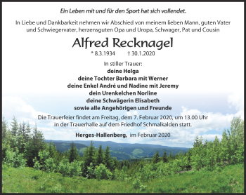 Traueranzeige von Alfred Recknagel von Südthüringer Presse