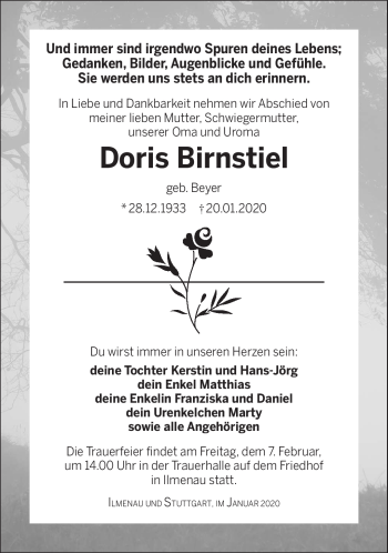 Traueranzeige von Doris Birnstiel von Südthüringer Presse