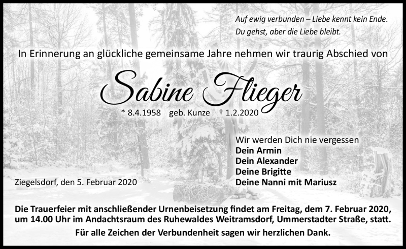  Traueranzeige für Sabie Flieger vom 05.02.2020 aus Neue Presse Coburg