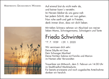 Traueranzeige von Frieda Schwintek von Frankenpost