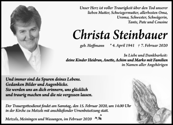 Traueranzeige von Christa Steinbauer von Südthüringer Presse