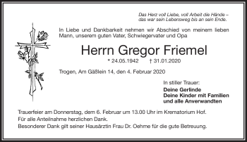 Traueranzeige von Gregor Friemel von Frankenpost