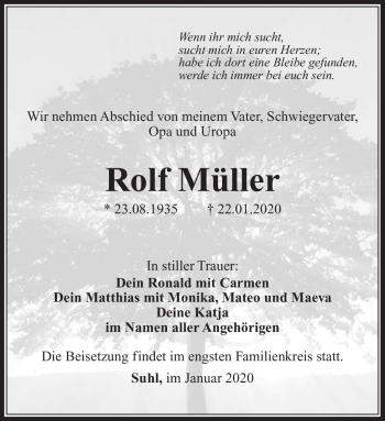 Traueranzeige von Rolf Müller von Südthüringer Presse