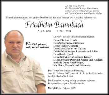 Traueranzeige von Friedhelm Baumbach von Südthüringer Presse