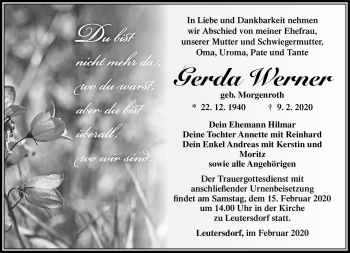 Traueranzeige von Gerda Werner von Südthüringer Presse