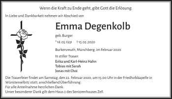 Traueranzeige von Emma Degenkolb von Frankenpost