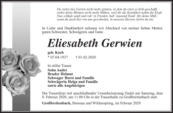 Traueranzeige von Eliesabeth Gerwien von Südthüringer Presse