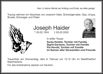Traueranzeige von Joseph Haider von Frankenpost