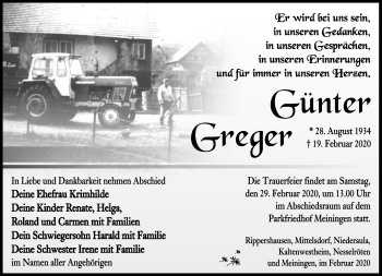 Traueranzeige von Günter Greger von Südthüringer Presse
