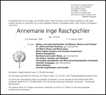 Traueranzeige von Annemarie Ingeborg Raschpichler von Neue Presse Coburg