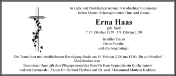 Traueranzeige von Erna Haas von Frankenpost