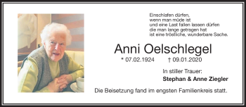 Traueranzeige von Anni Oelschlegel von Frankenpost
