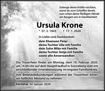 Traueranzeige von Ursula Krone von Südthüringer Presse