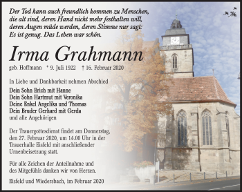 Traueranzeige von Irma Grahmann von Südthüringer Presse