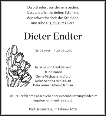 Traueranzeige von Dieter Endter von Südthüringer Presse