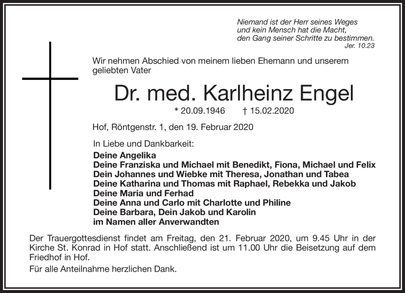  Traueranzeige für Karlheinz Engel vom 19.02.2020 aus Frankenpost