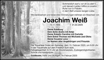 Traueranzeige von Joachim Weiß von Südthüringer Presse