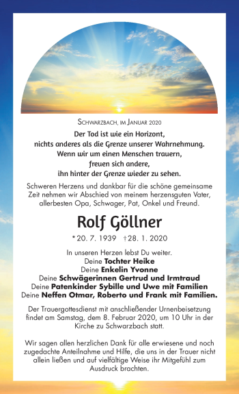 Traueranzeige von Rolf Göllner von Südthüringer Presse