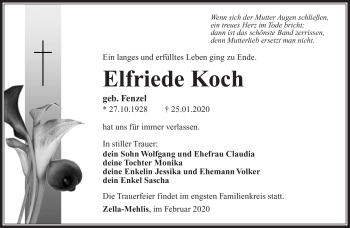 Traueranzeige von Elfriede Koch von Südthüringer Presse