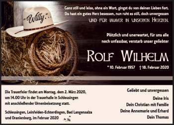 Traueranzeige von Rolf Wilhelm von Südthüringer Presse