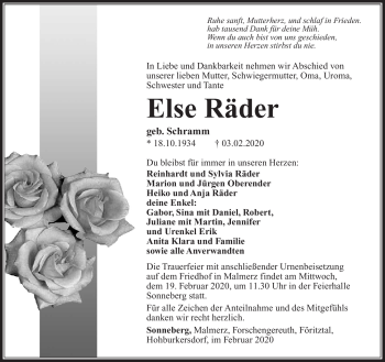 Traueranzeige von Else Räder von Südthüringer Presse
