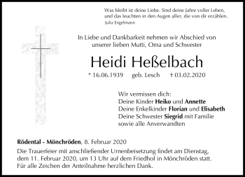 Traueranzeige von Heidi Heßelbach von Neue Presse Coburg