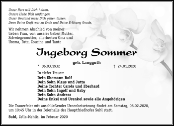 Traueranzeige von Ingeborg Sommer von Südthüringer Presse