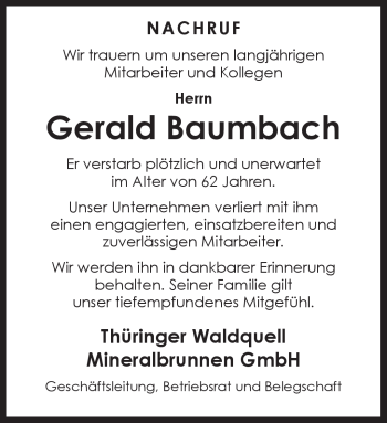 Traueranzeige von Gerald Baumbach von Südthüringer Presse