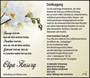 Traueranzeige von Olga Ansorg von Südthüringer Presse