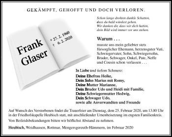 Traueranzeige von Frank Glaser von Südthüringer Presse