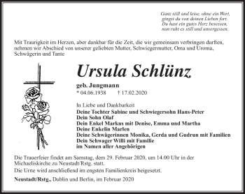 Traueranzeige von Ursula Schütz von Südthüringer Presse
