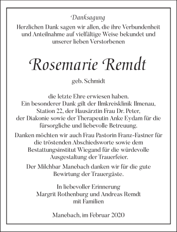 Traueranzeige von Rosemarie Remdt von Südthüringer Presse