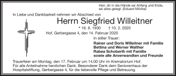 Traueranzeige von Siegfried Willeitner von Frankenpost