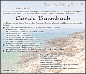 Traueranzeige von Gerald Baumbach von Südthüringer Presse