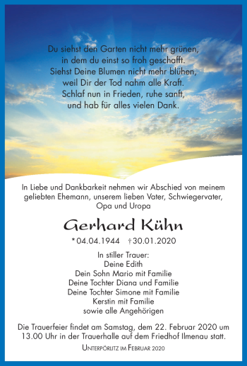 Traueranzeige von Gerhard Kühn von Südthüringer Presse