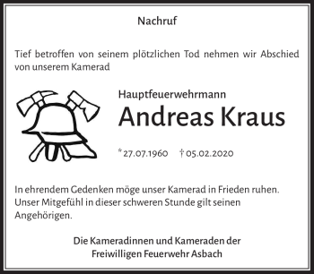 Traueranzeige von Andreas Kraus von Südthüringer Presse