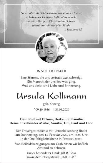 Traueranzeige von Ursula Kollmann von Frankenpost